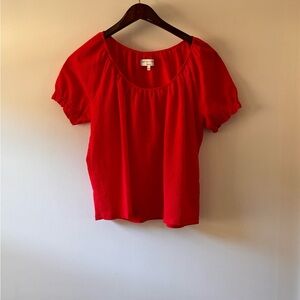 Red Smocked Blouse with Puffed Sleeves
